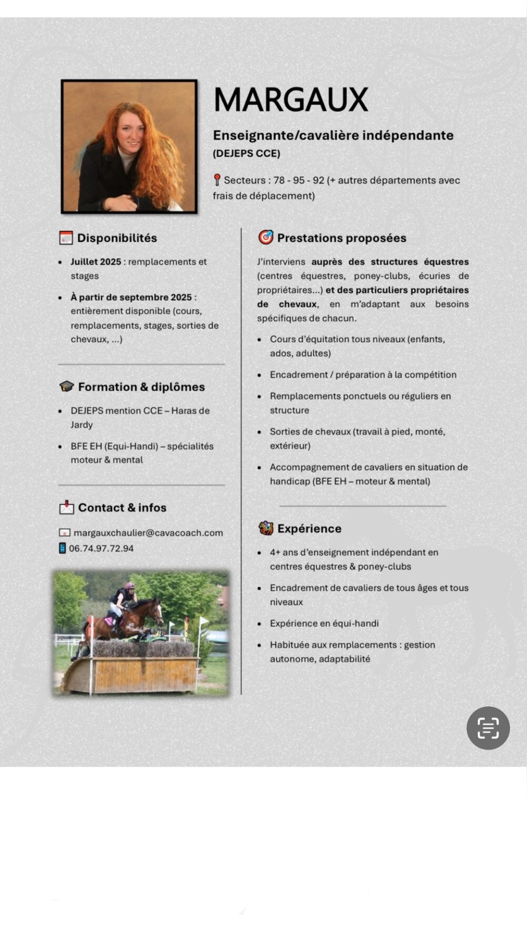 Enseignante/cavalière indépendante, média 5