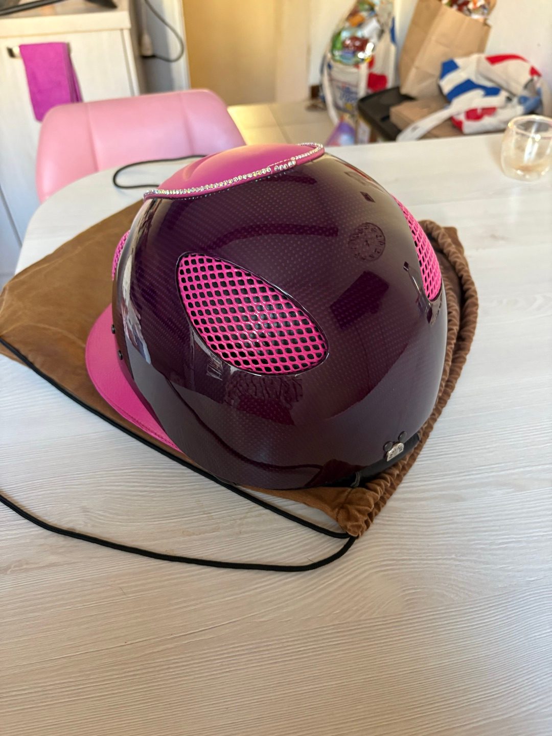 Casque / Bombe GPA First Lady Carbone Cuir Rose & Strass T.57, média 4
