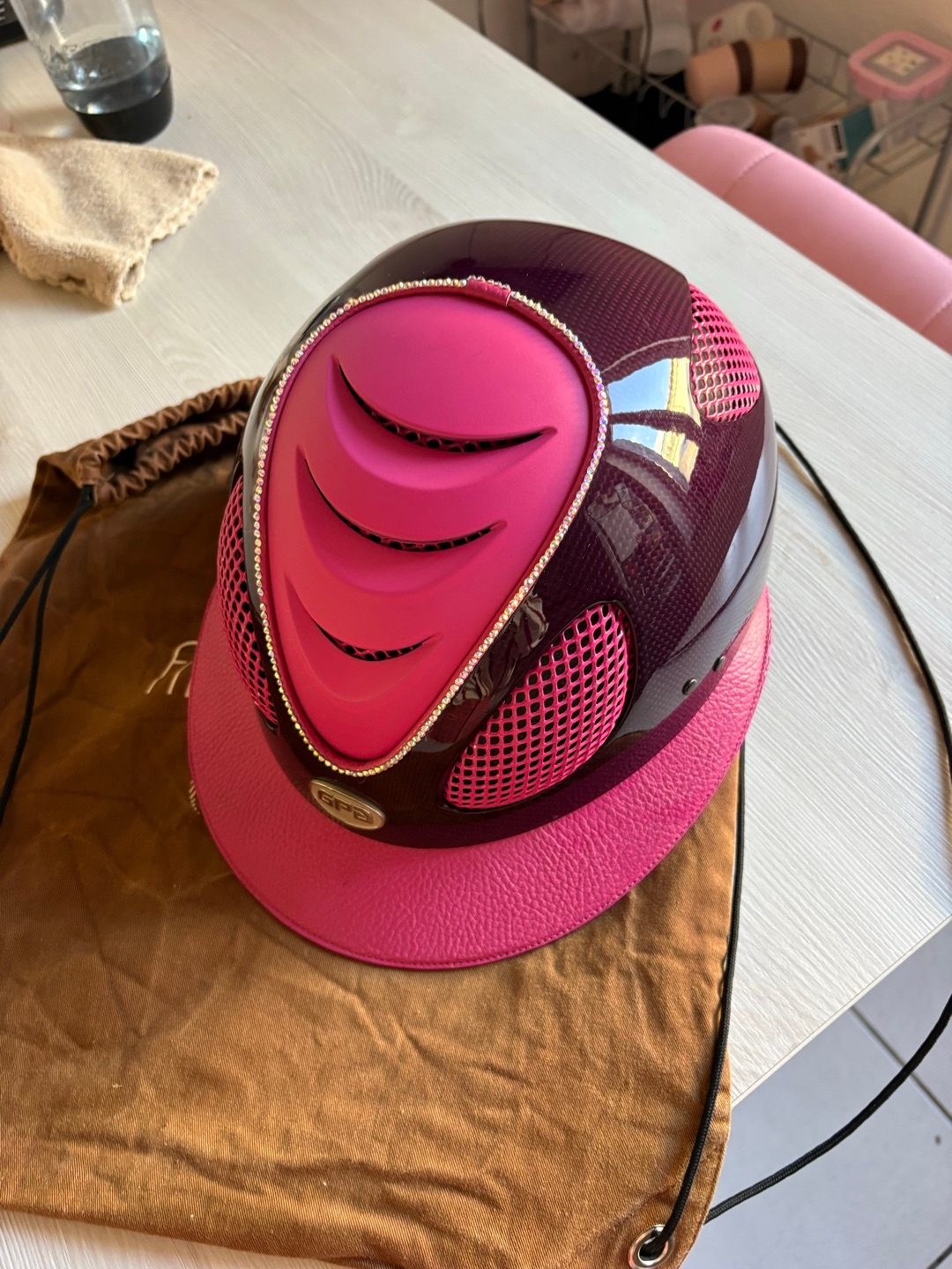 Casque / Bombe GPA First Lady Carbone Cuir Rose & Strass T.57, média 2