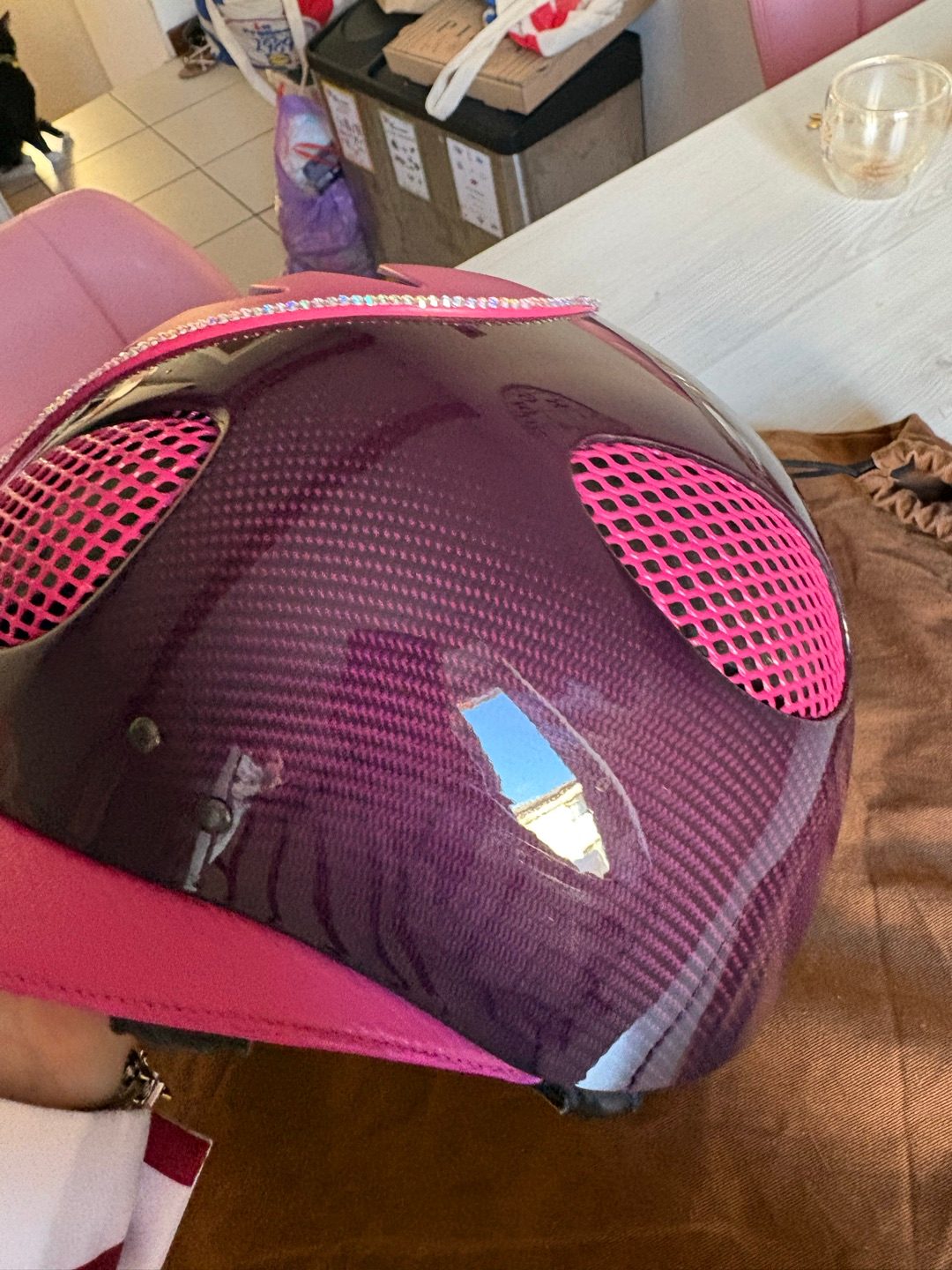 Casque / Bombe GPA First Lady Carbone Cuir Rose & Strass T.57, média 7